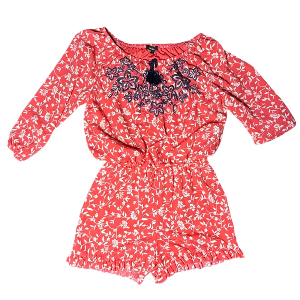 Takara Coral Floral Embroidered Romper Women's‎ Size L Summer Casual